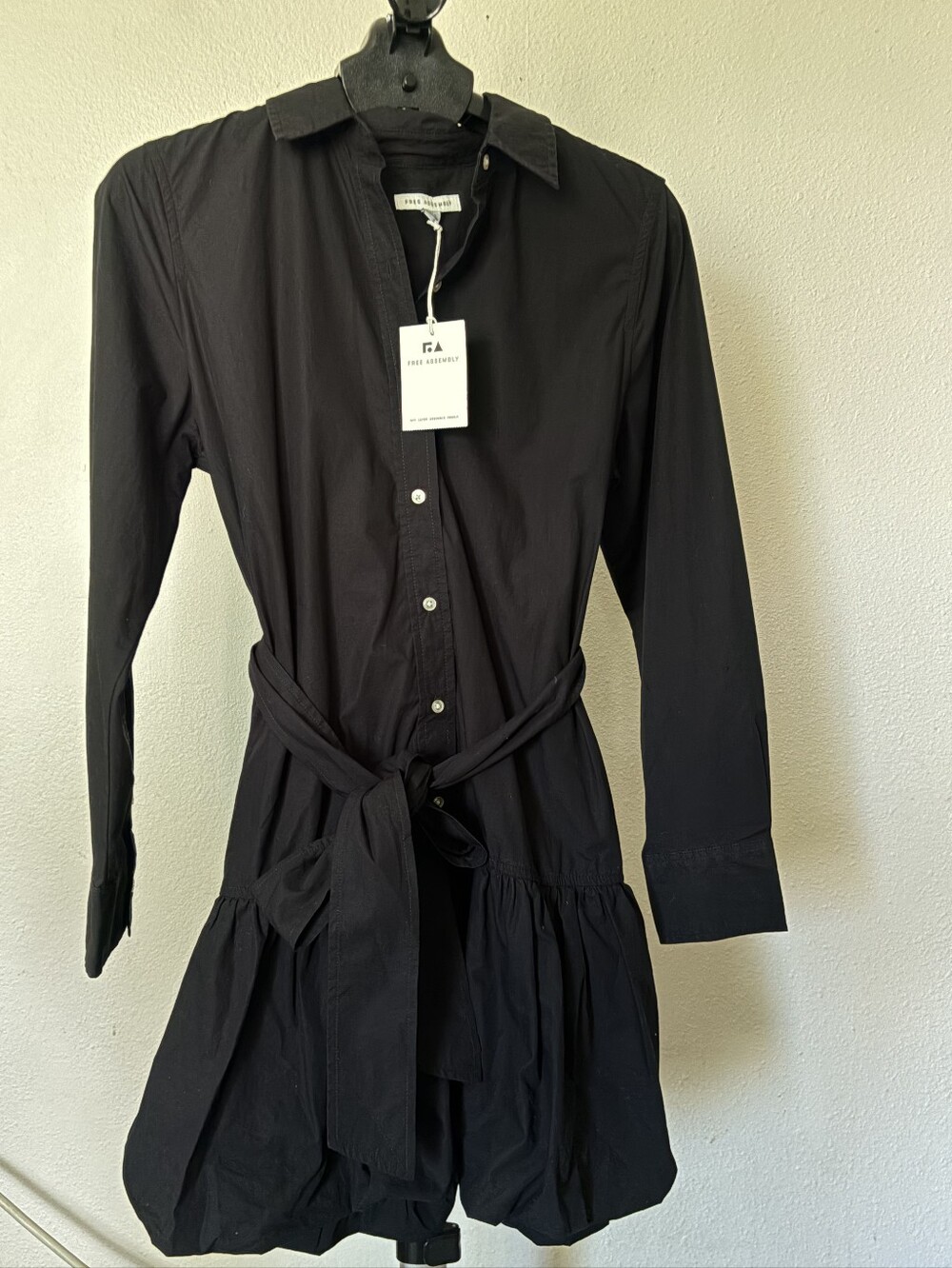Commense Black Long Sleeve Shirt Dress with Waist Tie